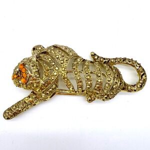 Vintage Figural Tiger Panther Slide Brooch Gold Tone Rhinestone Large Animal Pin